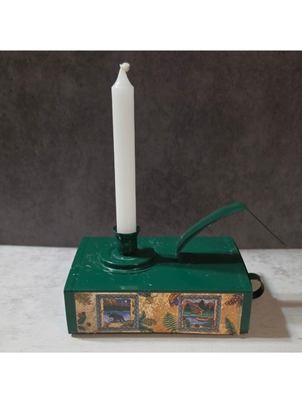 Vtg Green Metal Emergency Candle Tin Holder Storage Drawer Cabin Lodge Bear